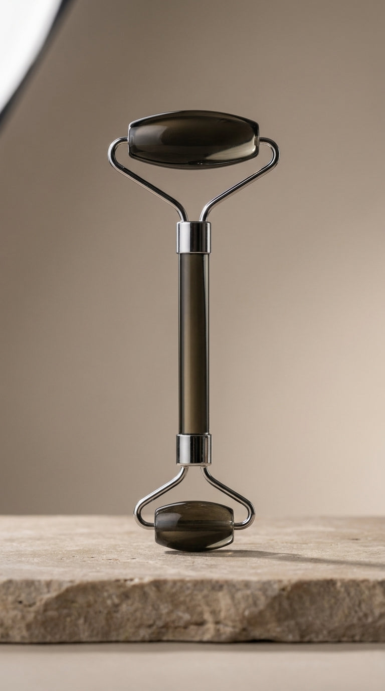 Le rouleau au verre noir fumé, debout sur le calcaire