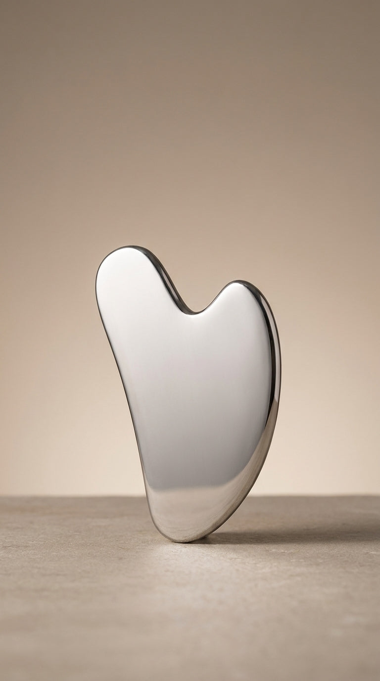 Le gua sha d’acier poli miroir, debout sur le calcaire