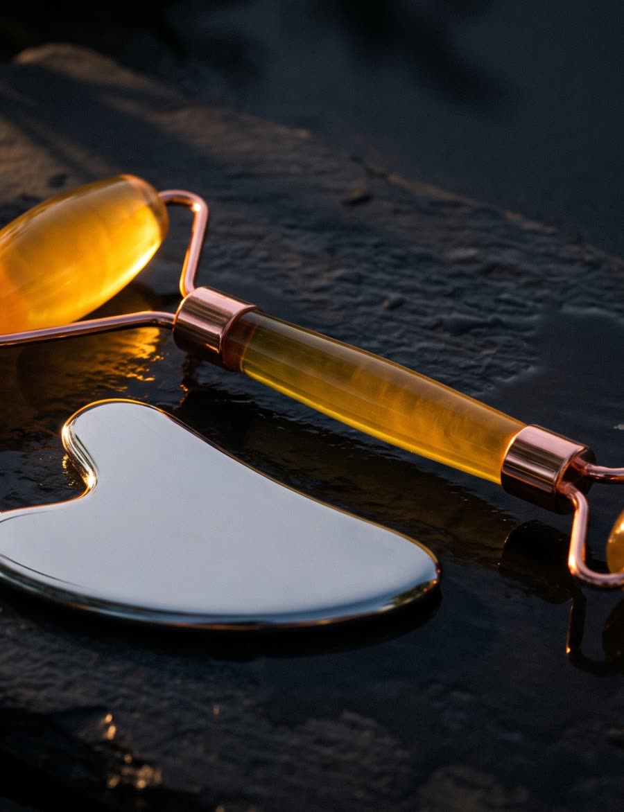Le set rouleau 2-en-1 au verre ambre et le gua sha, sur une ardoise mouillée